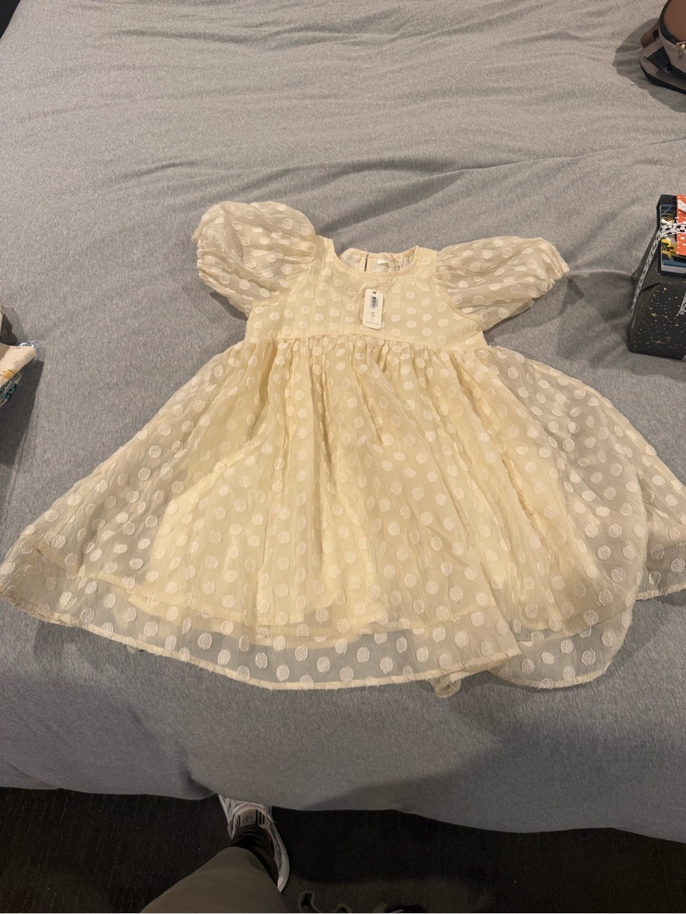 Cream Polka Dot Puff Sleeve Girls' Formal Dress